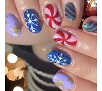 24 Pcs Christmas Artificial Nails Short False Snowflake Full Covers Stick On All-matching Press On