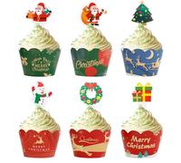 24 PCS Christmas Cupcake Toppers Wrappers, Christmas Cake Toppers, Snowman Santa Claus Wreath Reindeer Gift Box Xmas Cake Decorations for Hand Cake Merry Xmas Party Supplies Birthday Party Favors