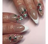 24 pcs Christmas False Nails - Glitter Coffin False Nails Long with Red and Green Pattern - Nude Swirl French Tip Press on Nails With Glue - Winter Xmas Theme Design Full Cover Stick on Fake Nail
