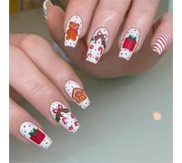 24 Pcs Christmas False Nails Medium Length - Gingerbread Man and White Snowflake Design - Coffin Press on Nails Short With Glue Stickers - Acrylic Full Cover