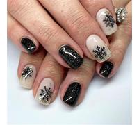 24 Pcs Christmas False Nails Short - Black and White Square French Tip False Nails With White Snowflake Glitter - Press on Nails with Glue - Black Stick on Nails for Women, Festival Holiday Fake Nail