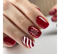 24 Pcs Christmas False Nails Short - Red Press on Nails with Snowflake - Reusable Xmas Fake Nails for Women & Girls with Glue - Festival Holiday Nails Fake Nail for Nails Art