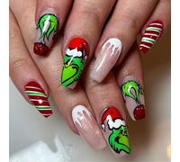 24 Pcs Christmas Glitter Press on Nails Long Coffin Fake Nails with Cute Green Monster and Stripe Designs Full Cover Xmas Acrylic Nails Sparkly False Nails for Women Winter Christmas Nail Art Decor