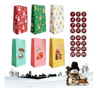 24 Pcs Christmas Kraft Paper Bags with 24 Stickers DIY Advent Calendar Kit for Kids 6 Themed Party Favours Kraft Snack Bags 23x12cm