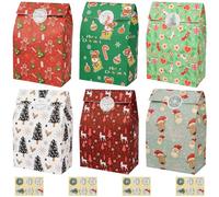 24 Pcs Christmas Paper Bags Flat Bottom Party Bags 6 Christmas Elements Themed Design with 24 Pcs Stickers for Xmas Party