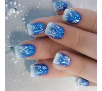 24 PCS Christmas Press Nails Fake Claws White Snowman Full Cover Claws Blue Shining Artificial Claws Snowflakes Snowflakes Snow Full Cover Stick