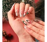 24-PCS Christmas Press on Nails Medium Fake Nails with Snowflake And Crutch Pattern Design Glossy False Nails Full Cover Acrylic Nails for Women or Girls