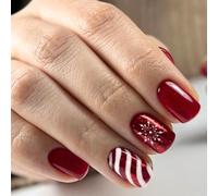 24 Pcs Christmas Press On Nails - Short Square Red False Nails With Glue - Glossy Christmas nails With Stripes Snowflake Design - Full Cover Xmas Stick On nails For Women Diy Home Nail Art Gifts