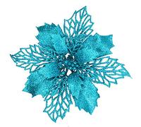 24 Pcs Christmas Teal Blue Glittered Mesh Holly Leaf Artificial Poinsettia Flowers Picks Tree Ornaments 5.9" W for Teal Blue Christmas Tree Wreath Garland Floral Gift Winter Wedding Holiday Decoration