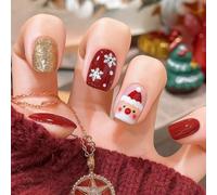 24 PCS Christmas Themed Design Press On Nails - Short Square Shape Santa Snowflake Holiday Rich Burgundy Red Gold Glitter - for Women Santa Face Fresh Casual Art