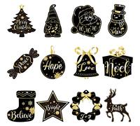 24 Pcs Christmas Wooden Ornaments Black and Gold Xmas Ornaments Christmas Tree Hanging Tag Wooden Farmhouse Hanging Crafts Xmas Wishes Tree Ornament for Xmas Home Indoor Outdoor Holiday Wedding Decor