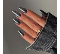 24 Pcs Chrome Almond Press on Nails Short Designs,Navy Blue Solid False Nails Oval,French Stick on Nails for Women and Teens,Metallic Fake