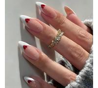 24 PCS Classic White French Tips Press On Nails - Pink Nude Base and Red Heart Accents - Almond Shape Nails for Women Cute Chic Everyday Minimalist for Daily Wear