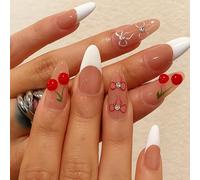 24 PCS Classic White Press-On Nails - French Tip Almond Cherry Red Nude Beige Crystal Clear - Sweet Bow Accent Crystal Rhinestone Glam Playful Chic for Women Festival Thanksgiving