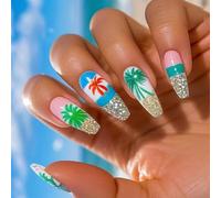 24 Pcs Coconuts Tree Stick On Nails Artificial Long Ballerinas False Glittering Press On For Woman