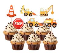 24 Pcs Construction Cupcake Toppers, Excavator Stop Sign Tractor Dump Truck Architectural Birthday Cake Decorations for Construction Theme Baby Shower Kids Birthday Party Supplies