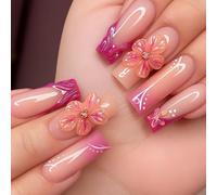 24 PCS Coral Peach Press On Nails - Glossy Nude Base Floral Nail Detailing Long Coffin Shape Abstract - French Tip Gradient Color Flow Romantic Feminine Look for Women