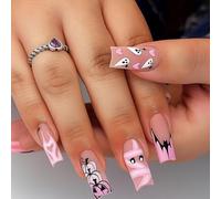 24 PCS Cotton Candy Pink Press on Nails - French Tips Coffin Nude Beige Ghost White Pumpkin Fantasy - Pink Gothic Charm Sweet Horror Halloween Cute Spooky for Women Festival Thanksgiving