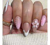 24 PCS Cotton Candy Pink Press On Nails - Pink Base and Floral Decorations - Pearl Embellishments for Women Mixed Design Almond Nails Romantic Girly Creative Artistic Style