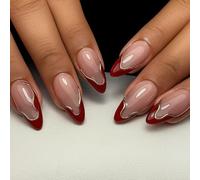 24 PCS Crimson Red Press-On Nails - Almond Medium Length Nude Pink Base Golden Edge Flame Tips - Wine Accent Modern Gothic Chic Glam Minimalist Design for Women Festival Thanksgiving