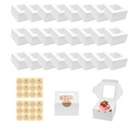 24 PCS Cupcake Boxes with Windows and 24 Stickers,Cake Boxes for Cake Portions 10*10*6cm,Small Cake Boxes Cookie Box,Cupcake Boxes Single for Cupcakes Desserts Pastries Candy Pies & Gifts (White)