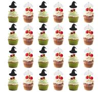24 Pcs Cupcake Decorations, Witch & Crown Paper Cup Hat Ornament, Party Decor Supplies, Cupcake Topper Dessert Decorations Supplies Suitable for Themed Party Events