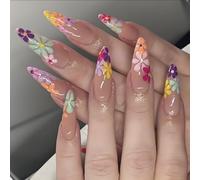 24 Pcs Daisy Flower Press on Nails, Colorful Floral Design for Women, Long Pointed，Easy to Apply Fake Stick on Nails for Party, Wedding, and Everyday Glamour