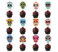 24 Pcs Day of The Dead Cupcake Toppers Decorations Dia De Los Muertos Cupcake Picks Skeleton Sugar Skull Mexican Fiesta Cake Topper for Halloween Party Supplies