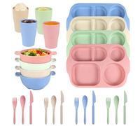 24 Pcs Dinner Plates Set Divided Plates Bowls Set of 4 | Reusable Plate Bowl Cup Fork Spoon Knife for School, Party, Camping