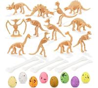 24 PCS Dinosaur Fossil Skeletons, Assorted Dinosaur Skeleton Figures with Colorful Foam Dinosaur Eggs and Plastic White Bones for Science Dino Sand Dig Party Favor Decorations（B）