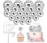 24 PCS Disco Ball Cake Toppers, Happy Birthday Cake Topper 1970s Retro Disco Theme Cake Decorations Shiny Silver Mini Disco Ball for 70s 80s Theme Party Supplies