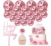 24 PCS Disco Ball Cake Toppers, Happy Birthday Cake Topper 1970s Retro Disco Theme Cake Decorations Shiny Pink Mini Disco Ball for 70s 80s Theme Party Supplies
