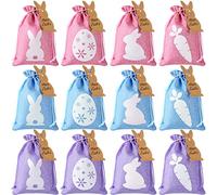 24 Pcs Easter Burlap Drawstring Bags Easter Burlap Bags with Drawstrings Bunny Linen Goody Gift Bags with Double Jute Drawstrings Easter Bags Burlap Easter Bunny Bags for Easter Party (Bright Style)