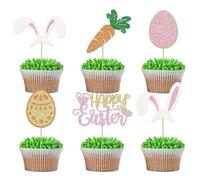 24 Pcs Easter Cupcake Toppers Glitter Rabbit Theme Bunny Ears Carrot Egg Cake Toppers Picks for Bunny Happy Easter Baby Shower Spring Birthday Party Cake Decorations