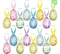 24 PCS Easter Eggs Hanging Ornaments, Buffalo Plaid Dots Easter Hanging Eggs, Easter Decorations, Colorful Decorative Eggs Baubles Ornaments, Spring Farmhouse Easter Tree Ornaments Basket Filler Decor