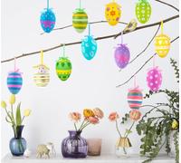 24 PCS Easter Hanging Eggs, Easter Egg Decorations for Tree,Easter Hanging Ornaments Colorful Plastic Painted Eggs for Home Party Decorations (Stripes Dots Flowers)