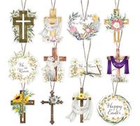 24 PCS Easter Hanging Ornaments He is Risen Party Small Religious Cross Ornaments Spring Tree Potted Plant Pendants with Rope for Easter Christian Church Holiday Party Decorations