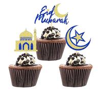 24 Pcs Eid Mubarak Cupcake Toppers, Glitter Ramadan Mubarak Cupcake Decoration Picks, Eid Decoration for Cake, Ramadan Decoration 2026 (Gold& Blue-A)