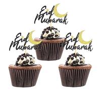 24 Pcs Eid Mubarak Cupcake Toppers, Glitter Ramadan Mubarak Cupcake Decoration Picks, Eid Decoration for Cake, Ramadan Decoration 2026 (Gold& Black-B)