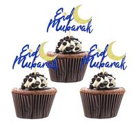 24 Pcs Eid Mubarak Cupcake Toppers, Glitter Ramadan Mubarak Cupcake Decoration Picks, Eid Decoration for Cake, Ramadan Decoration 2026 (Gold& Blue-B)