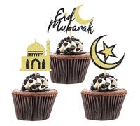 24 Pcs Eid Mubarak Cupcake Toppers, Glitter Ramadan Mubarak Cupcake Decoration Picks, Eid Decoration for Cake, Ramadan Decoration 2026 (Gold& Black-A)