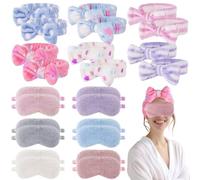 24 Pcs Elastic Bow Hair Band and Eye Mask, Sleepover Party Eye Mask Headband, Spa Party Soft Plush Sleep Eye Cover for Teenagers Women, Sleepover Party Favors