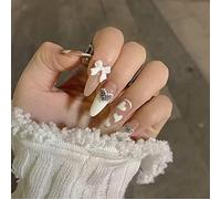 24-PCS Elegant Bow Press on Nails Wearable Medium Fake Nails Heart-shaped Fake Nails Glossy False Nails Full Cover Acrylic Nails for Women & Girls