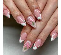 24 Pcs Elegant Flowers False Nails French Tip Artificial Nails Full Covers Stick On Almond Shape Press On