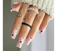 24 Pcs Elegant Full Covers Stick On Nails Short False Black Heart Press On Polkas Dots Acrylic