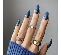 24 PCS Elegant Meranti Pure Color Press On False Nails Short Medium Length Full Cover Acrylic Almond Shaped Fake Nails for Women Lady Nail Salons and Home DIY Nail Art (JP2130 Blue)