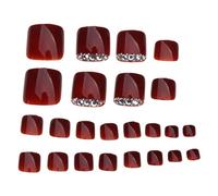 24 Pcs Fake Claw Toe Wine Red Shiny Rhinestone Press Fake Tips Artificial Nails Women Girls