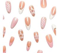 24 PCS Fake Nails, Press On Nails,Pink Almond with Embossed Flower And Gold Bead Designs, Shiny Reusable False Nails for Women, with 3D Flower Design, Cute Nail for Women, Girls.