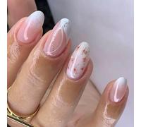 24 Pcs False Nails Short Almond With Elegant Glitters Flower Designs Stick On Nails Manicure For Parties And Weddings Office Wear Nail