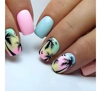 24 Pcs False Nails Short for Women, Coconut Beach, Full Cover Press On, Removable Glue On Acrylic Fake Nails With Glue Stickers, Women Girls Nail Art Accessories